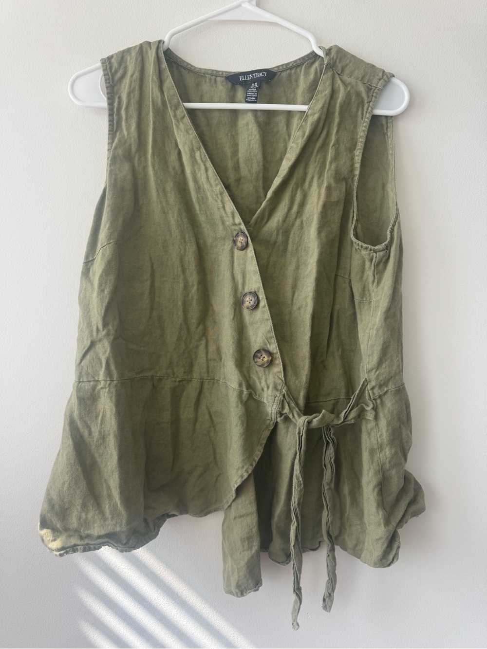 Ellen Tracy Olive Green Button-Front 100% Linen Tunic Vest Tie Waist Sz XL